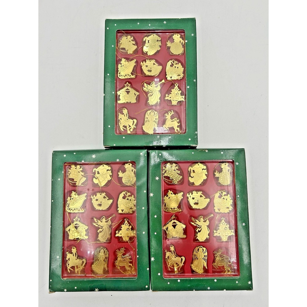 Gold Tone Filigree Mini Christmas Tree 1" Ornaments Vintage 3 Boxed Sets of 12